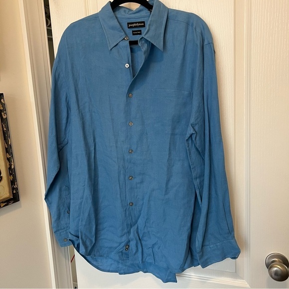 Blue pure linen button down shirt Joseph and Lyman Italian linen size large - Picture 3 of 10